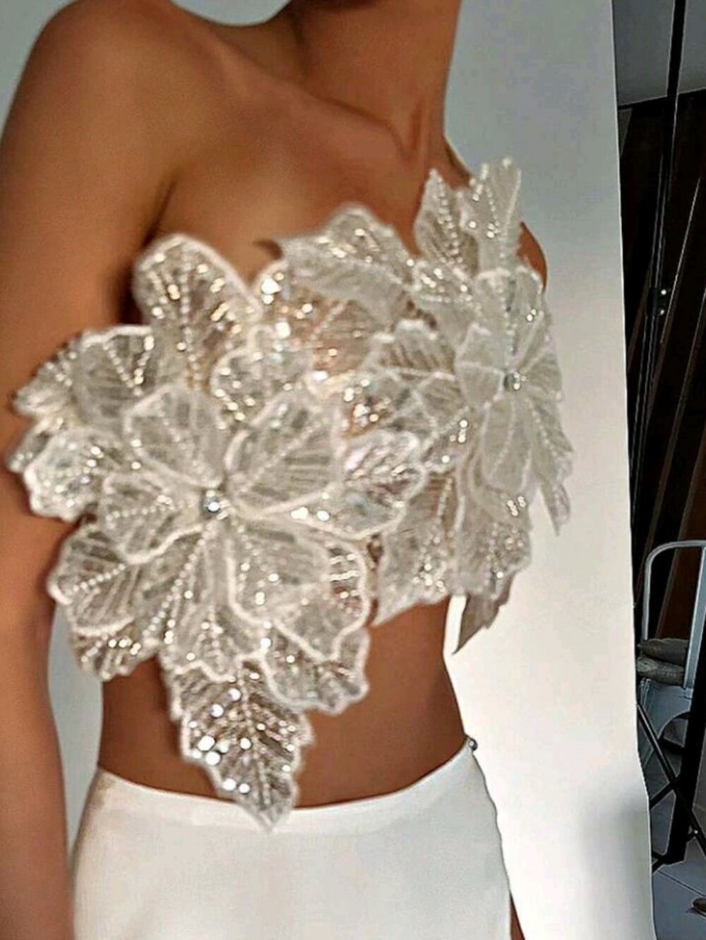 Women Asymmetrical 3D Flower Crop Cami Sparkly Glitter Sleeveless Bandage Tank - Picture 6 of 7